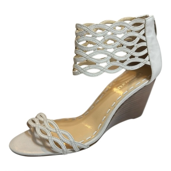 Enzo Angiolini White Leather Lattice Weave Wedge Heel Sandals Size 8 Ankle Strap - Picture 1 of 15